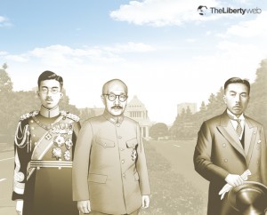 The Japanese leadership during the Greater East Asian War from the right: Emperor Showa, Tojo Hideki, Konoe Fumimaro
